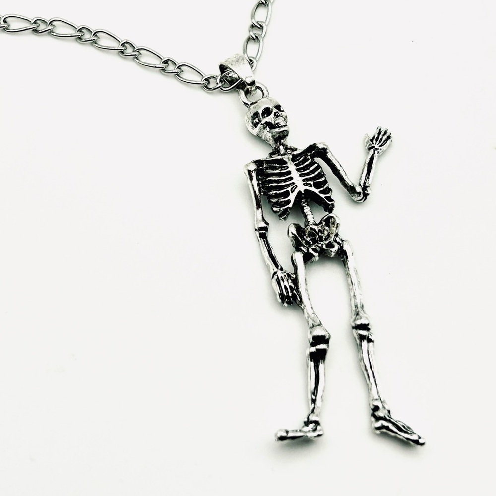 Skeleton Necklace silver tone 10” chain goth whimseygoth Halloween punk